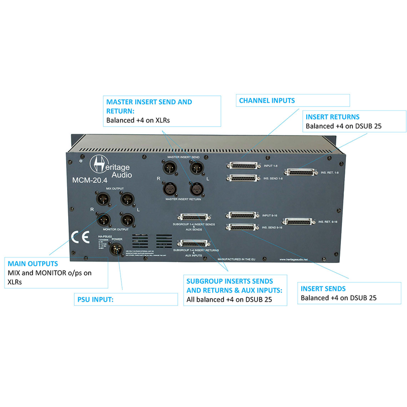 HERITAGE AUDIO - Sommatore 16 ch, volume, pan e insert su ogni ch, 2 subgruppi st con insert, mandate e ritorno aux 1/2 e aux 3 st