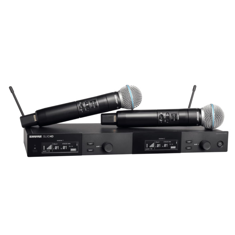 SHURE - Kit radiomicrofono digitale. Costituito da due trasmettitori SLXD2 con capsula BETA 58 e ricevitore doppio SLXD4D
