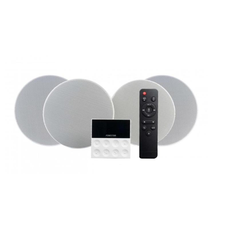 FONESTAR - sistema audio (tutto in uno) che include 4 altoparlanti a soffitto e un amplificatore a parete.