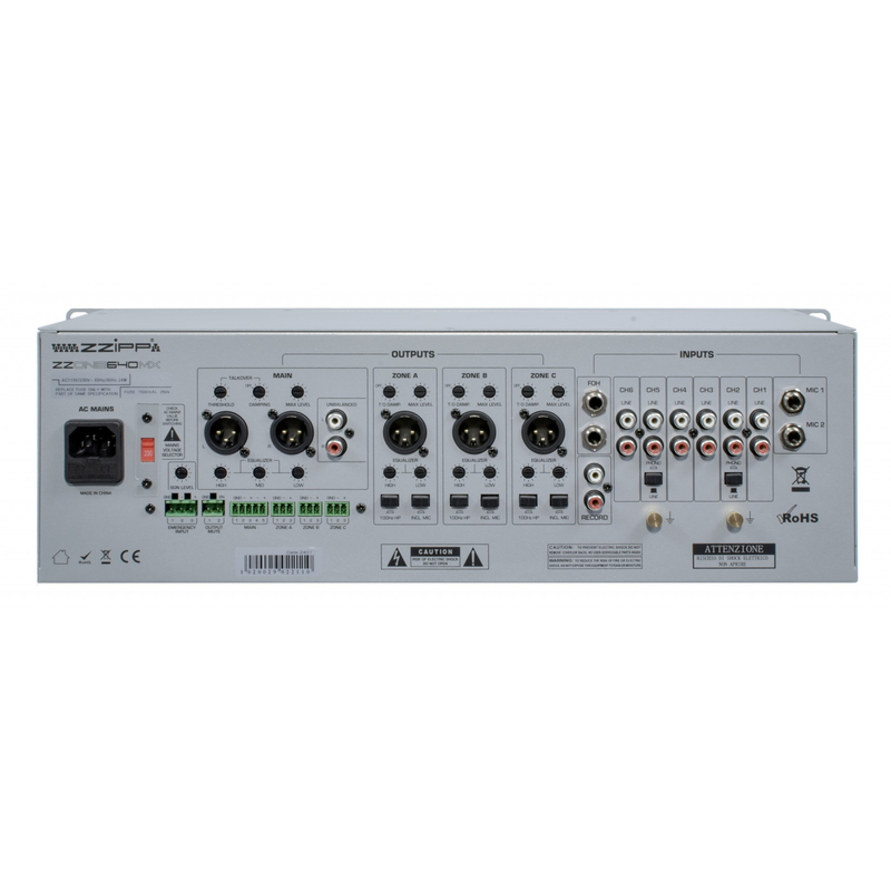ZZiPP - Mixer con 6 in stereo line + 2 mic, 3 zone di out + 1 stereo out