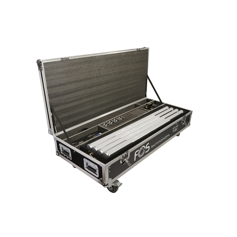FOS TECHNOLOGIES - Flight Case con ruote e stazione di ricarica per 8 unità Atlas Tube. Include spazio per tutti gli accessori