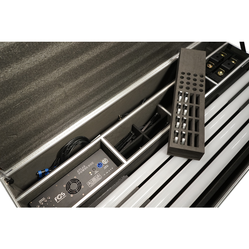 FOS TECHNOLOGIES - Flight Case con ruote e stazione di ricarica per 8 unità Atlas Tube. Include spazio per tutti gli accessori