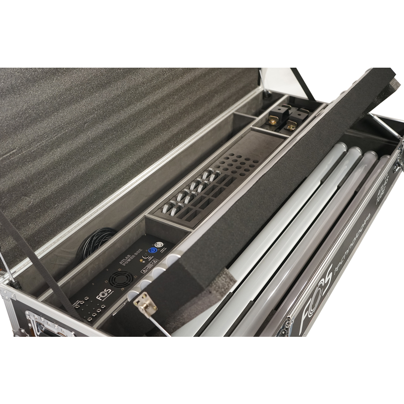 FOS TECHNOLOGIES - Flight Case con ruote e stazione di ricarica per 8 unità Atlas Tube. Include spazio per tutti gli accessori